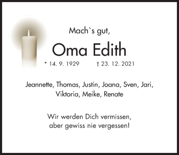 Traueranzeige von Edith Bischoff von Hildesheimer Allgemeine Zeitung