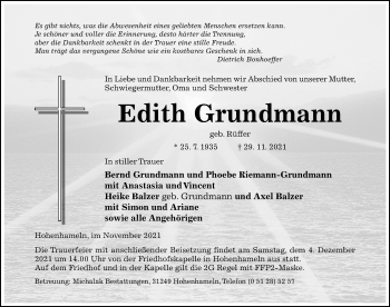 Traueranzeige von Edith Grundmann von Hildesheimer Allgemeine Zeitung