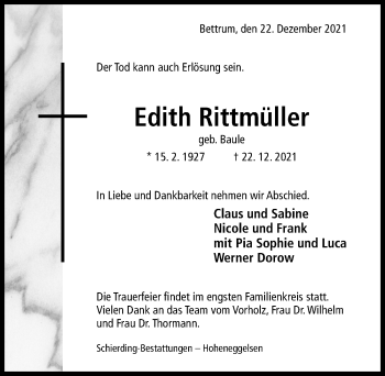 Traueranzeige von Edith Rittmüller von Hildesheimer Allgemeine Zeitung