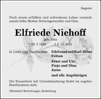 Traueranzeige von Elfriede Niehoff von Hildesheimer Allgemeine Zeitung