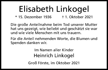 Traueranzeige von Elisabeth Linkogel von Hildesheimer Allgemeine Zeitung