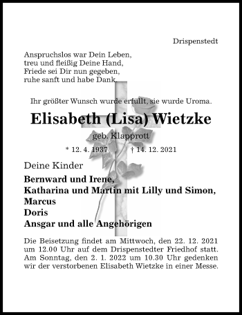 Traueranzeige von Elisabeth Wietzke von Hildesheimer Allgemeine Zeitung