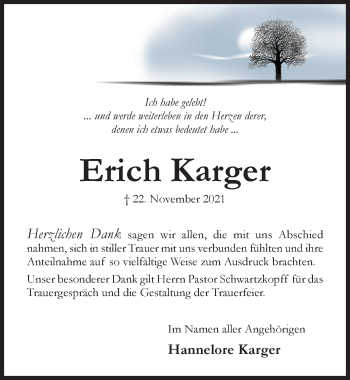 Traueranzeige von Erich Karger von Hildesheimer Allgemeine Zeitung