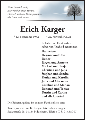 Traueranzeige von Erich Karger von Hildesheimer Allgemeine Zeitung