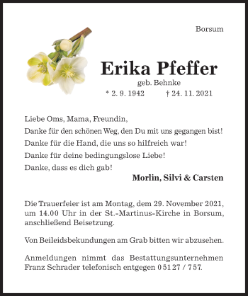 Traueranzeige von Erika Pfeffer von Hildesheimer Allgemeine Zeitung