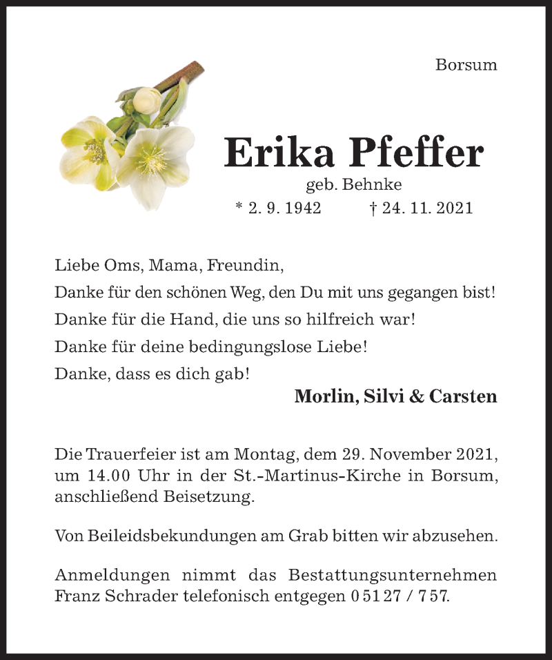  Traueranzeige für Erika Pfeffer vom 27.11.2021 aus Hildesheimer Allgemeine Zeitung