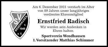 Traueranzeige von Ernstfried Radisch von Hildesheimer Allgemeine Zeitung