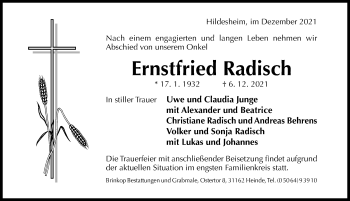 Traueranzeige von Ernstfried Radisch von Hildesheimer Allgemeine Zeitung