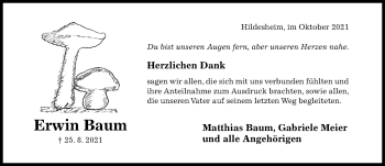 Traueranzeige von Erwin Baum von Hildesheimer Allgemeine Zeitung