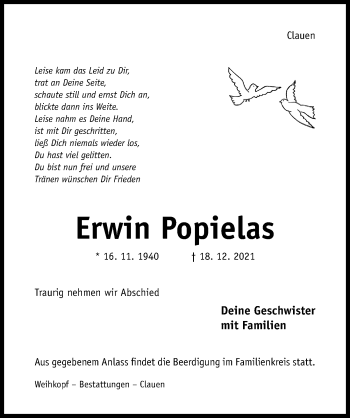 Traueranzeige von Erwin Popielas von Hildesheimer Allgemeine Zeitung