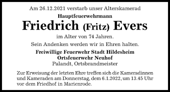 Traueranzeige von Friedrich Evers von Hildesheimer Allgemeine Zeitung
