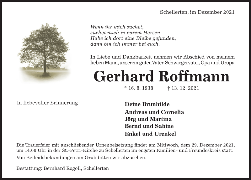 Traueranzeige für Gerhard Roffmann vom 18.12.2021 aus Hildesheimer Allgemeine Zeitung