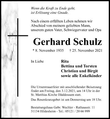 Traueranzeige von Gerhard Schulz von Hildesheimer Allgemeine Zeitung