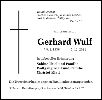 Traueranzeige von Gerhard Wulf von Hildesheimer Allgemeine Zeitung