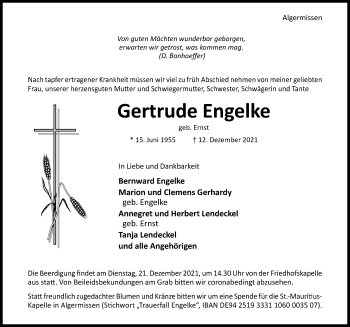 Traueranzeige von Gertrude Engelke von Hildesheimer Allgemeine Zeitung