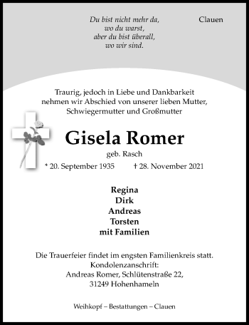 Traueranzeige von Gisela Romer von Hildesheimer Allgemeine Zeitung