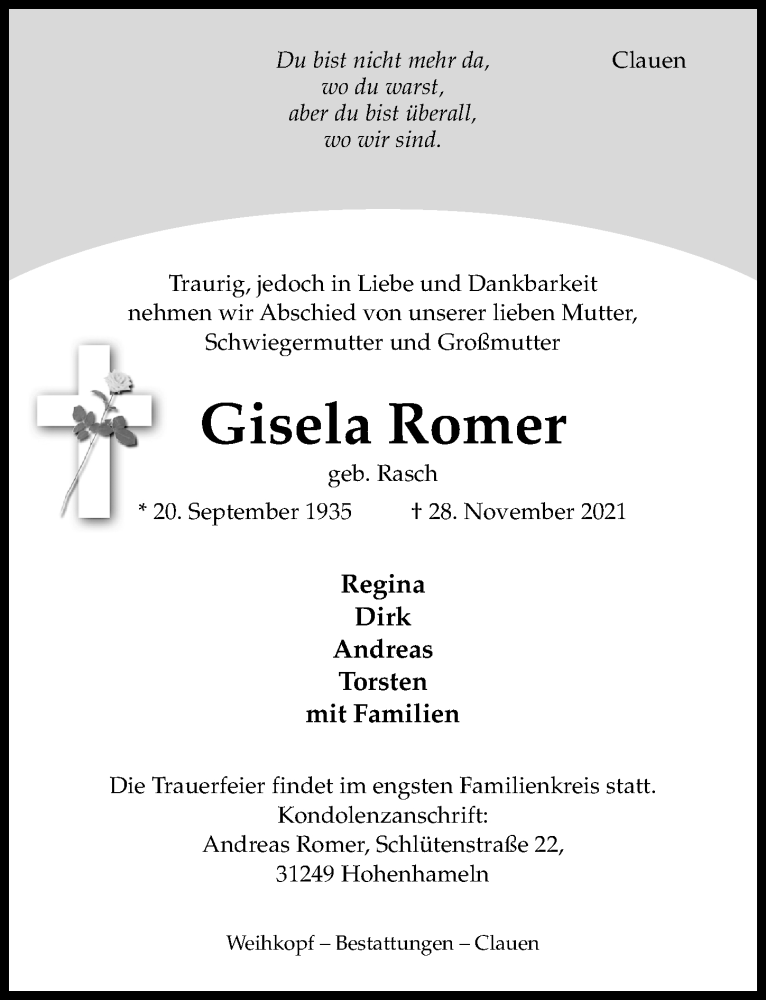  Traueranzeige für Gisela Romer vom 04.12.2021 aus Hildesheimer Allgemeine Zeitung