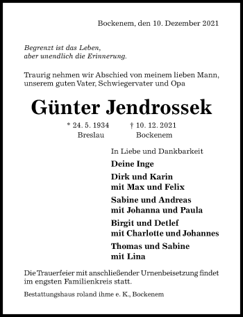 Traueranzeige von Günter Jendrossek von Hildesheimer Allgemeine Zeitung