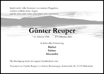 Traueranzeige von Günter Reuper von Hildesheimer Allgemeine Zeitung