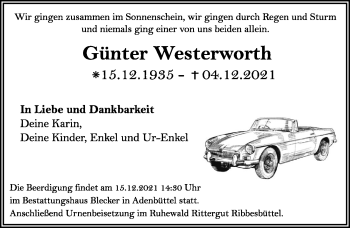Traueranzeige von Günter Westerworth von Hildesheimer Allgemeine Zeitung