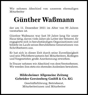 Traueranzeige von Günther Waßmann von Hildesheimer Allgemeine Zeitung