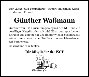 Traueranzeige von Günther Waßmann von Hildesheimer Allgemeine Zeitung