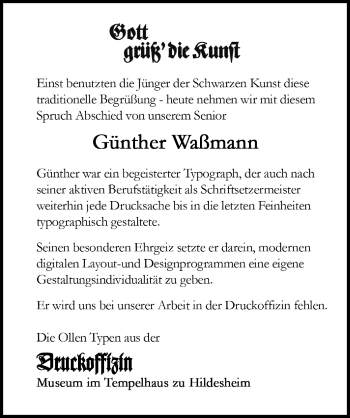 Traueranzeige von Günther Waßmann von Hildesheimer Allgemeine Zeitung