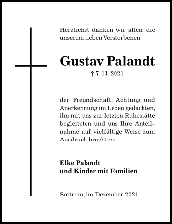 Traueranzeige von Gustav Palandt von Hildesheimer Allgemeine Zeitung