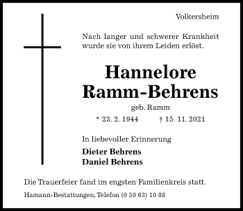 Traueranzeige von Hannelore Ramm-Behrens von Hildesheimer Allgemeine Zeitung