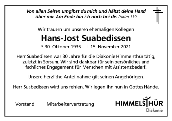 Traueranzeige von Hans-Jost Suabedissen von Hildesheimer Allgemeine Zeitung