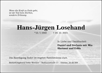 Traueranzeige von Hans-Jürgen Losehand von Hildesheimer Allgemeine Zeitung