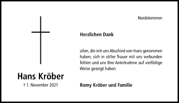 Traueranzeige von Hans Kröber von Hildesheimer Allgemeine Zeitung