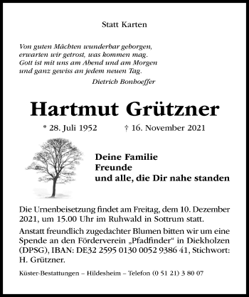 Traueranzeige von Hartmut Grützner von Hildesheimer Allgemeine Zeitung
