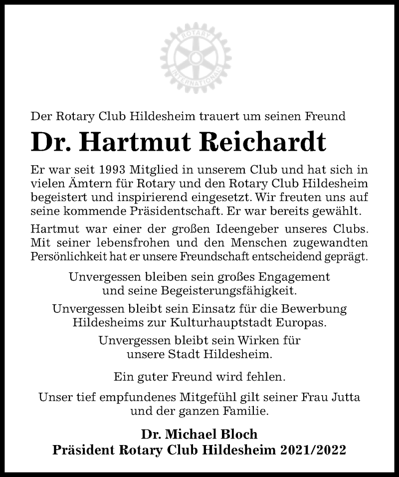  Traueranzeige für Hartmut Reichardt vom 18.12.2021 aus Hildesheimer Allgemeine Zeitung