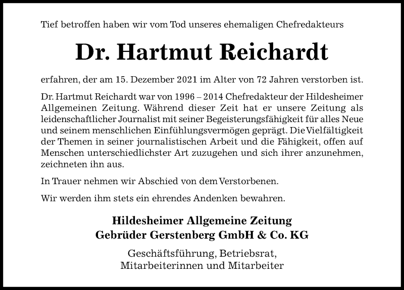  Traueranzeige für Hartmut Reichardt vom 18.12.2021 aus Hildesheimer Allgemeine Zeitung