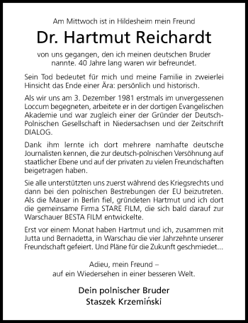 Traueranzeige von Hartmut Reichardt von Hildesheimer Allgemeine Zeitung