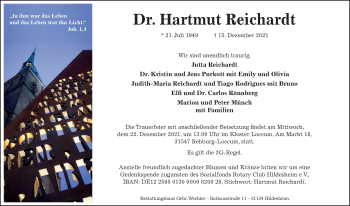 Traueranzeige von Hartmut Reichardt von Hildesheimer Allgemeine Zeitung