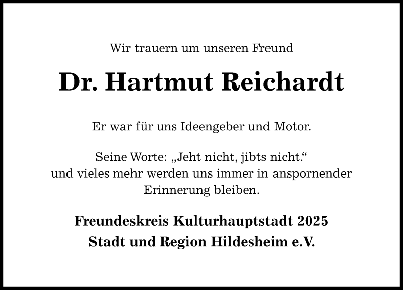  Traueranzeige für Hartmut Reichardt vom 18.12.2021 aus Hildesheimer Allgemeine Zeitung