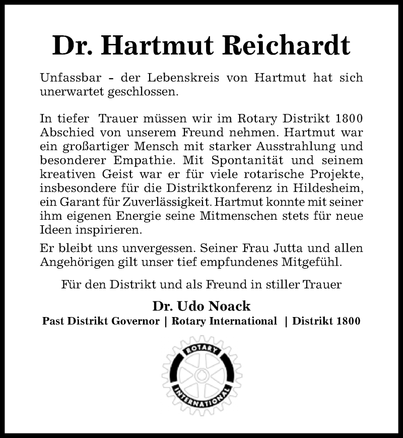  Traueranzeige für Hartmut Reichardt vom 18.12.2021 aus Hildesheimer Allgemeine Zeitung