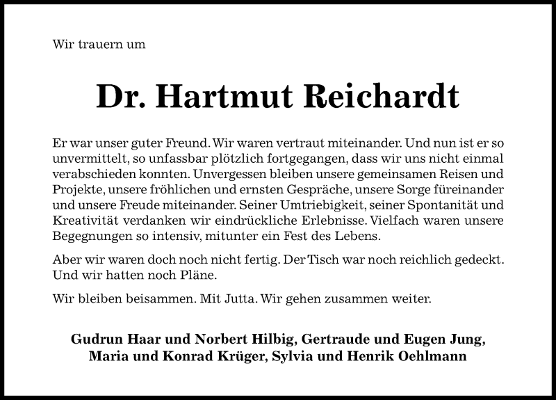  Traueranzeige für Hartmut Reichardt vom 18.12.2021 aus Hildesheimer Allgemeine Zeitung