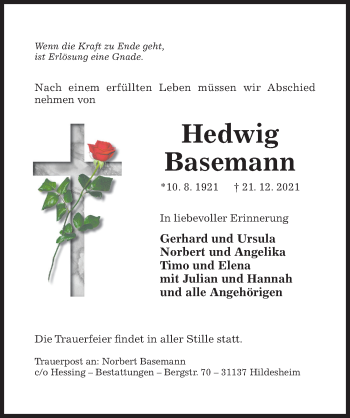Traueranzeige von Hedwig Basemann von Hildesheimer Allgemeine Zeitung