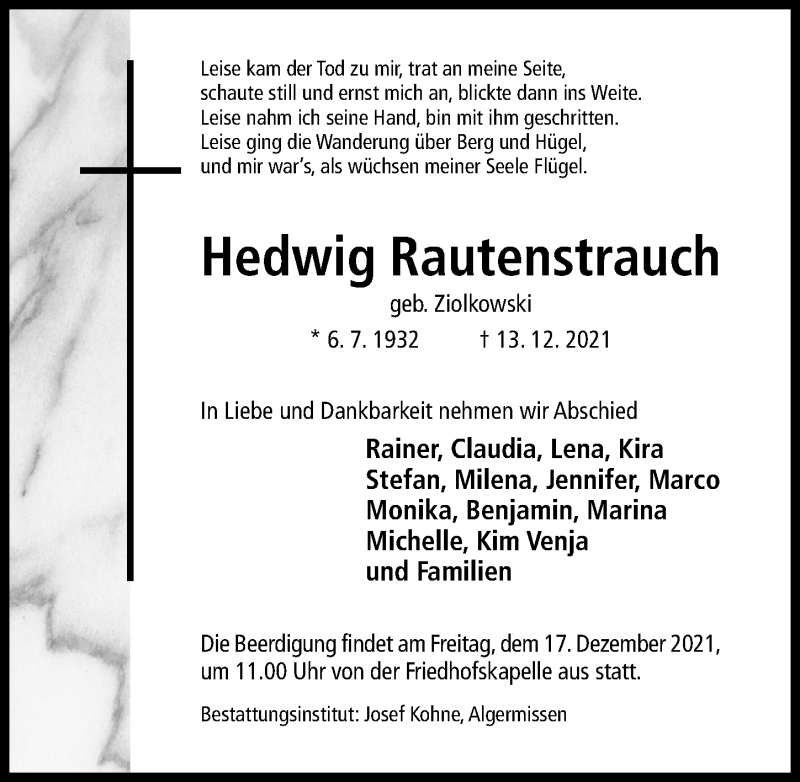  Traueranzeige für Hedwig Rautenstrauch vom 15.12.2021 aus Hildesheimer Allgemeine Zeitung