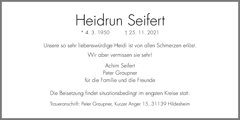  Traueranzeige für Heidrun Seifert vom 11.12.2021 aus Hildesheimer Allgemeine Zeitung