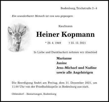 Traueranzeige von Heiner Kopmann von Hildesheimer Allgemeine Zeitung
