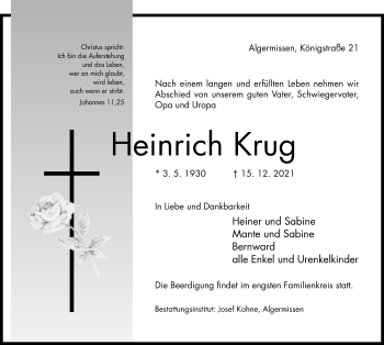 Traueranzeige von Heinrich Krug von Hildesheimer Allgemeine Zeitung