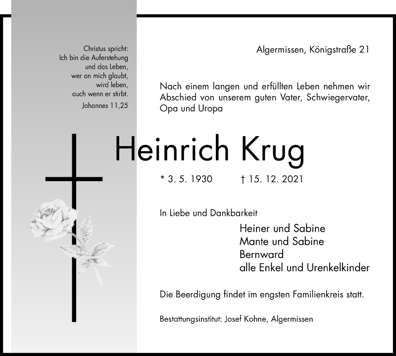  Traueranzeige für Heinrich Krug vom 18.12.2021 aus Hildesheimer Allgemeine Zeitung