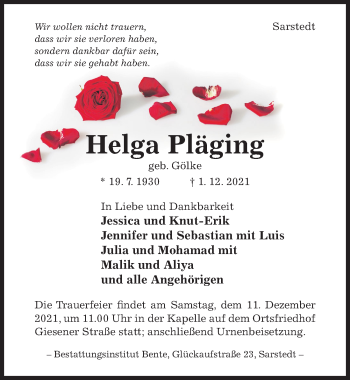 Traueranzeige von Helga Pläging von Hildesheimer Allgemeine Zeitung