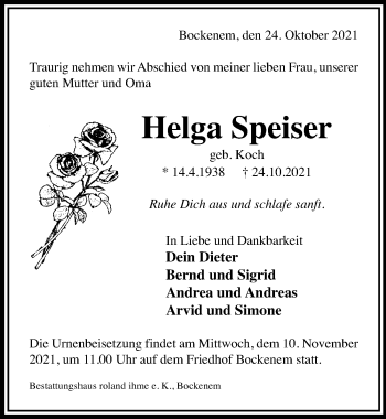 Traueranzeige von Helga Speiser von Hildesheimer Allgemeine Zeitung