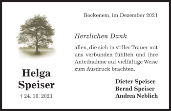 Traueranzeige von Helga Speiser von Hildesheimer Allgemeine Zeitung
