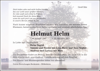 Traueranzeige von Helmut Helm von Hildesheimer Allgemeine Zeitung